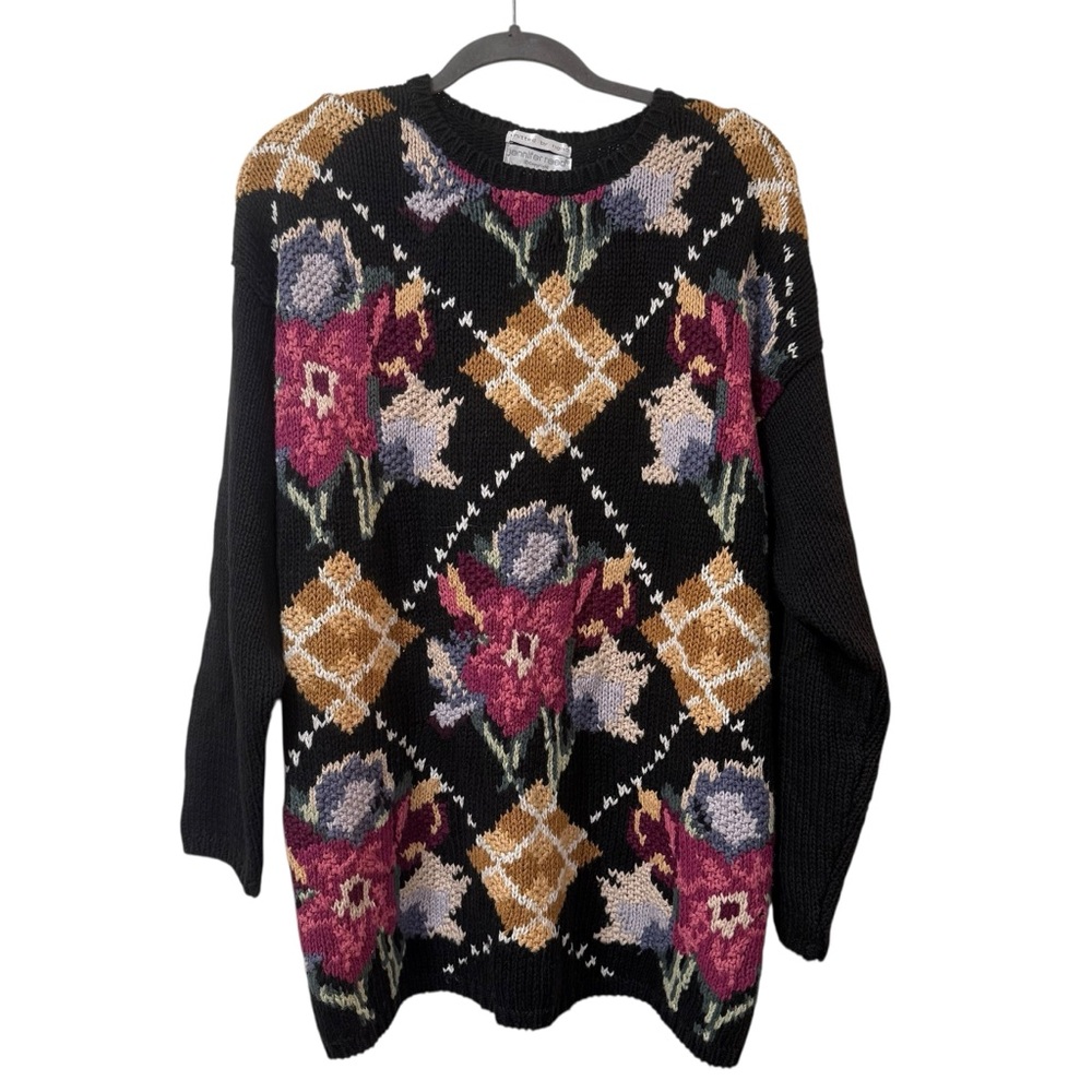 Vintage floral knit sweater black ramie cotton L oversized grannycore